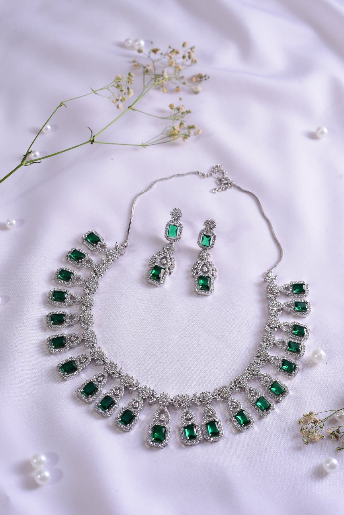 Shubharambh Silver Tone | Green AD Necklace